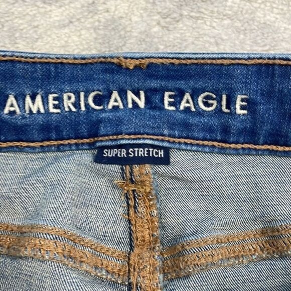 American Eagle Hi Rise Shortie Shorts Denim Jean Button Fly Distressed Cut Off 4 - Picture 9 of 12
